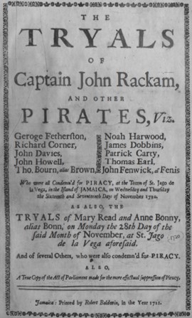 Title page of a 18th century publication titled: The Tryals of Captain John Rackam and Other Pirates