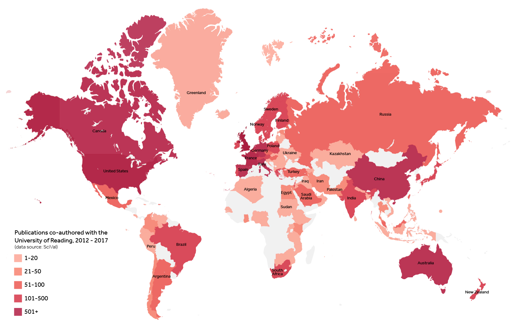 Map of locations of the University of Reading's co-authored publications, 2012-2017