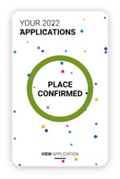 UCAS website, reading 'place confirmed', with colourful confetti across the screen.