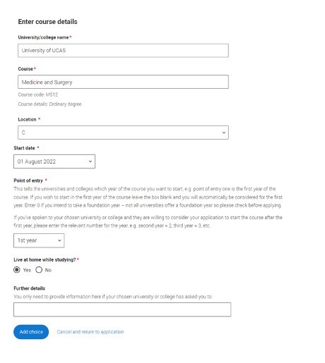 Screenshot of the Clearing application form