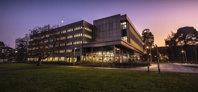 Reading uni library at dusk